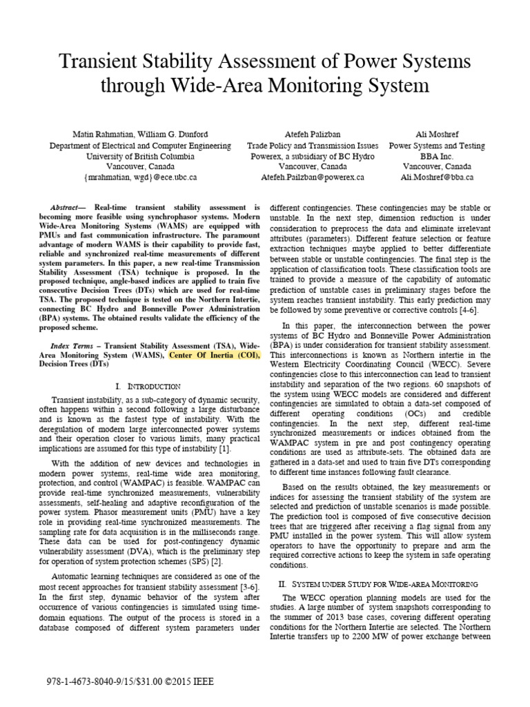 1 Transient Stability Assessment of Power Systems Through Wide Area ...