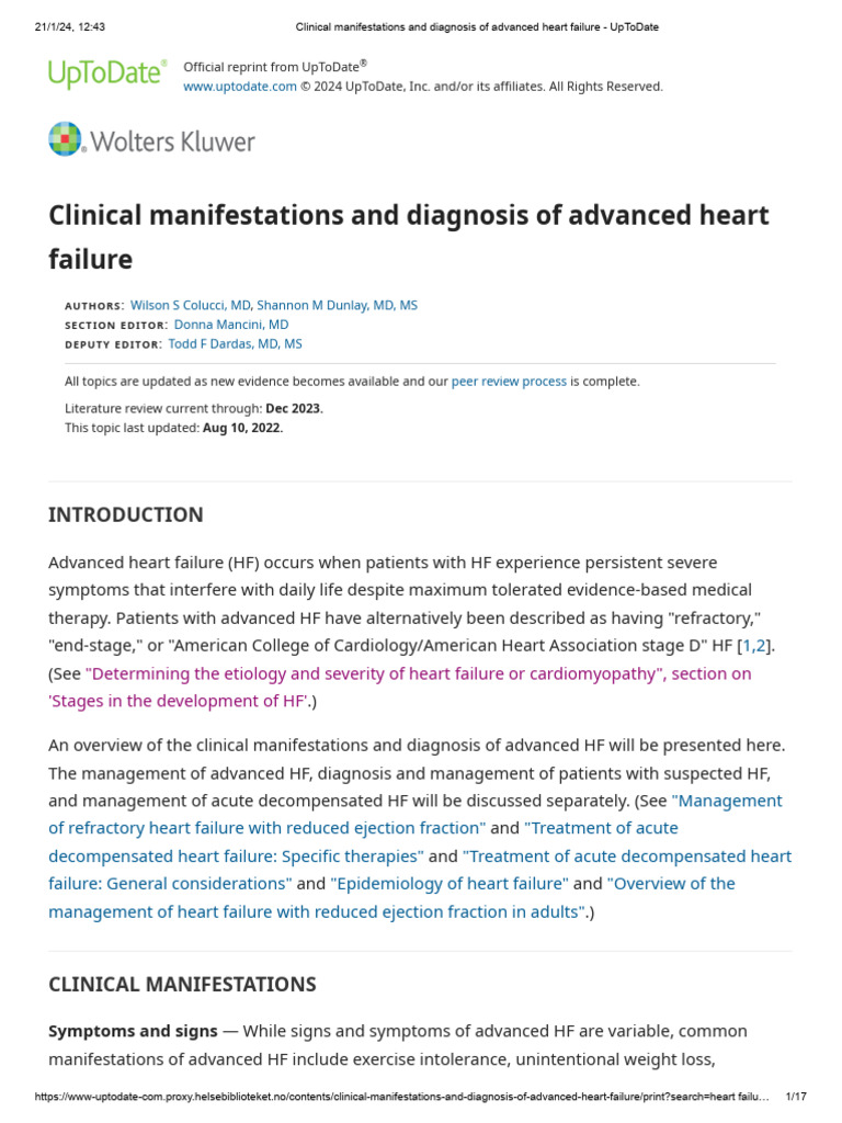 Clinical Manifestations and Diagnosis of Advanced Heart Failure