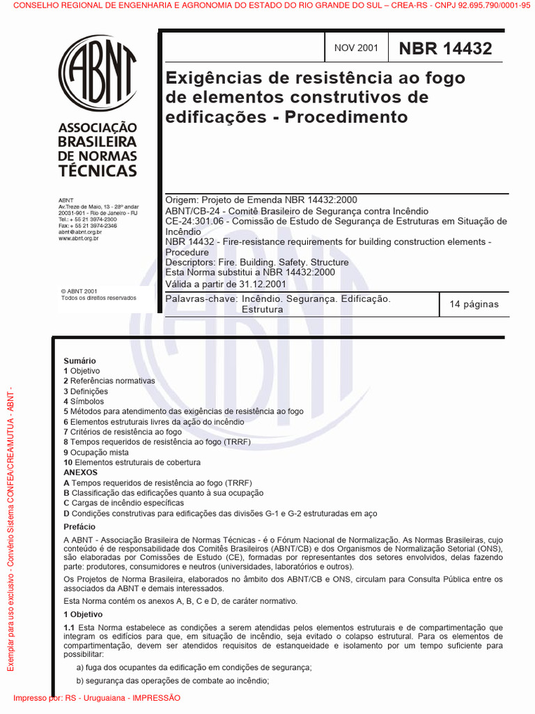 Abnt NBR 14432 2001 | Download grátis PDF | Incêndios | Temperatura