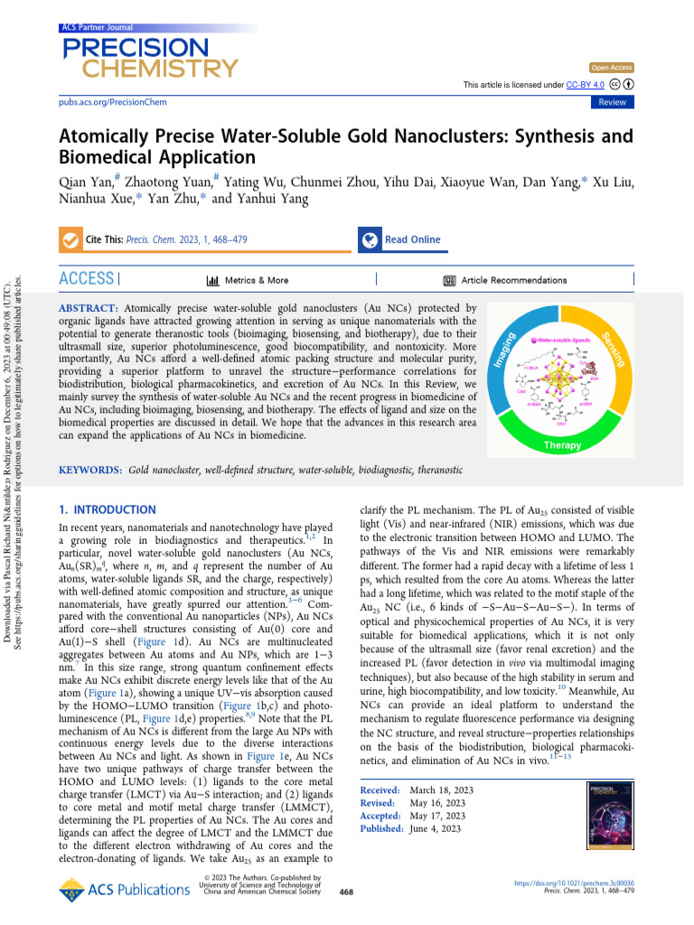 Yan Et Al 2023 Atomically Precise Water Soluble Gold Nanoclusters ...