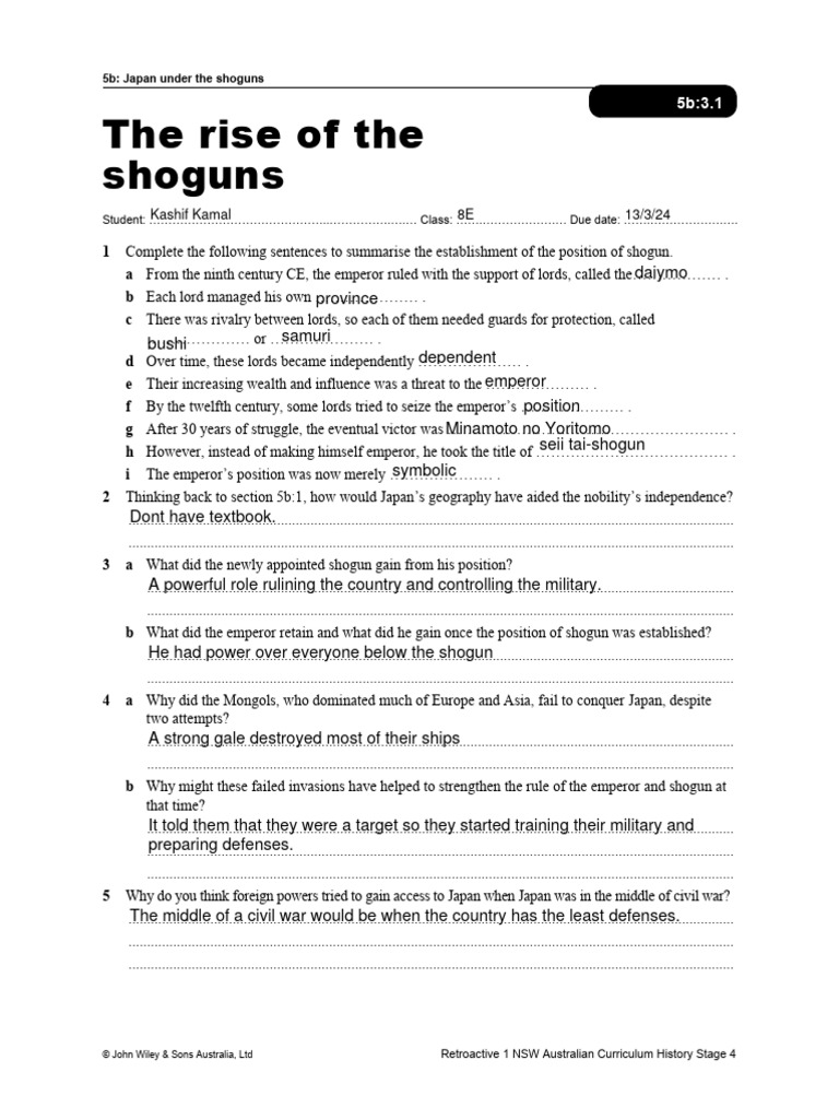 Feudal Japan: Shogun Establishment Worksheet | PDF | Shogun | Feudal Japan