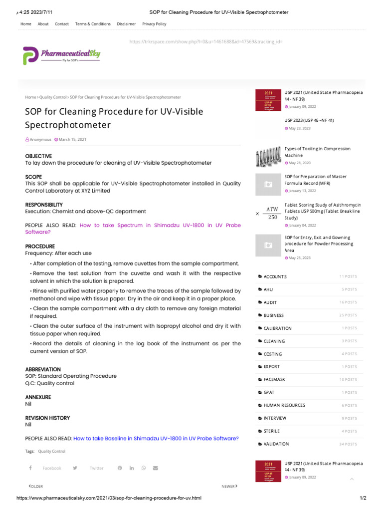 SOP for Cleaning Procedure for UVVisible Spectrophotometer PDF Spectrophotometry