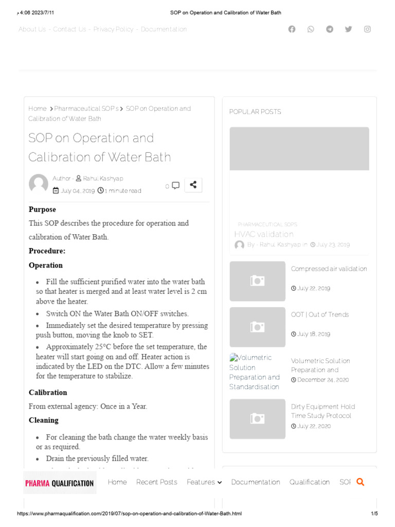 SOP On Operation and Calibration of Water Bath PDF Water Calibration