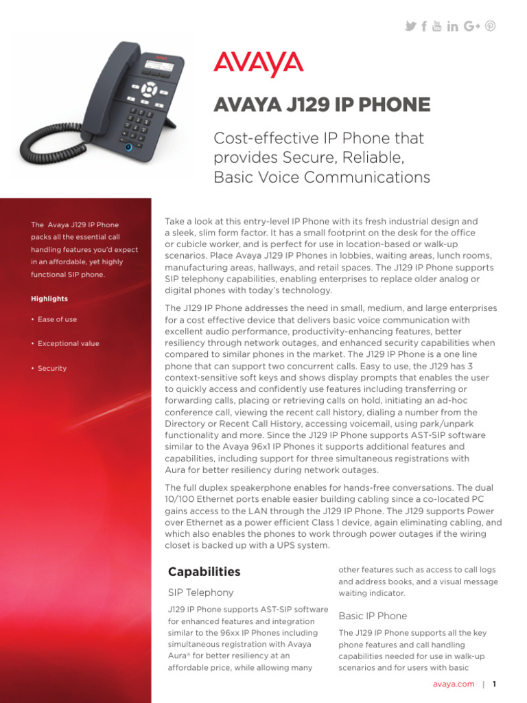 Avaya J129 | PDF | Telephone | Session Initiation Protocol
