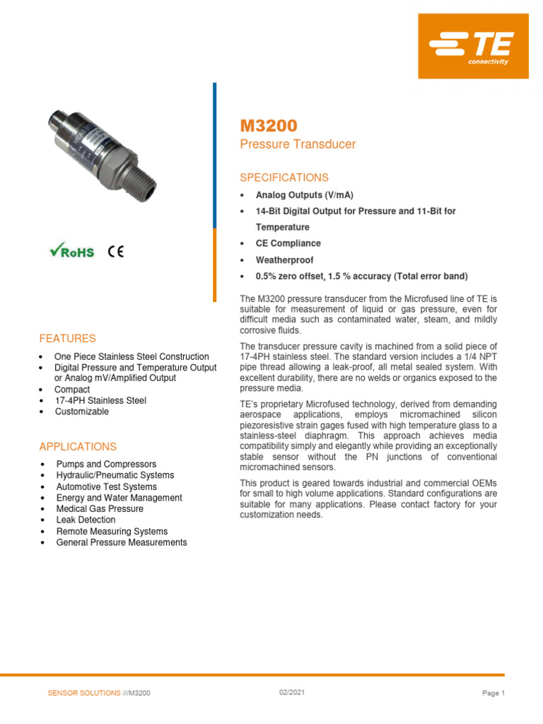M3200 Datasheet | PDF | Pressure Measurement | Pressure