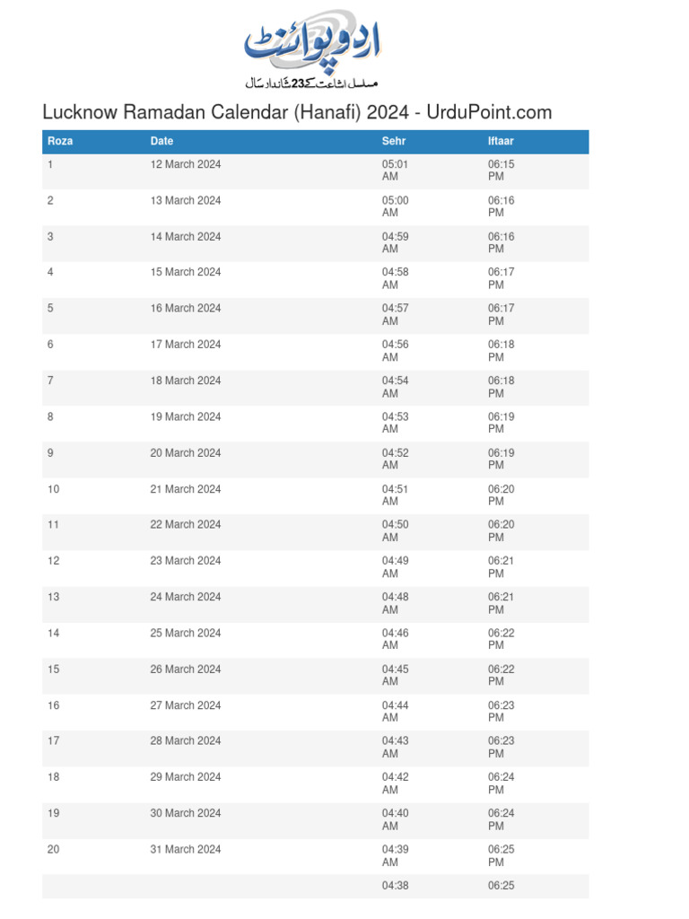 Lucknow Ramadan Calendar 2024 Urdupoint PDF Fasting Spiritual