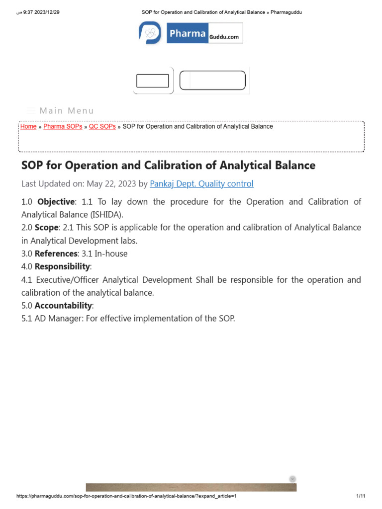 SOP For Operation and Calibration of Analytical Balance Pharmaguddu