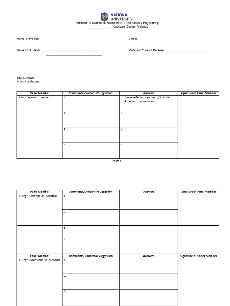 Sample form to be used during the defense for the comments or