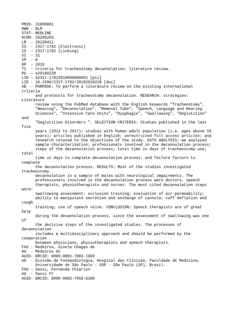 Tracheostomy Decannulation Criteria Review | PDF | Pub Med | Clinical ...