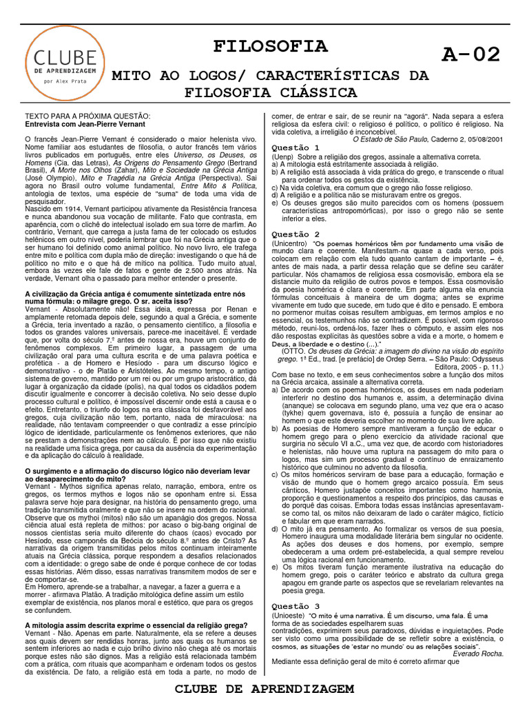 Mito e Logos na Filosofia Clássica | PDF | Mitologia grega | Pensamento