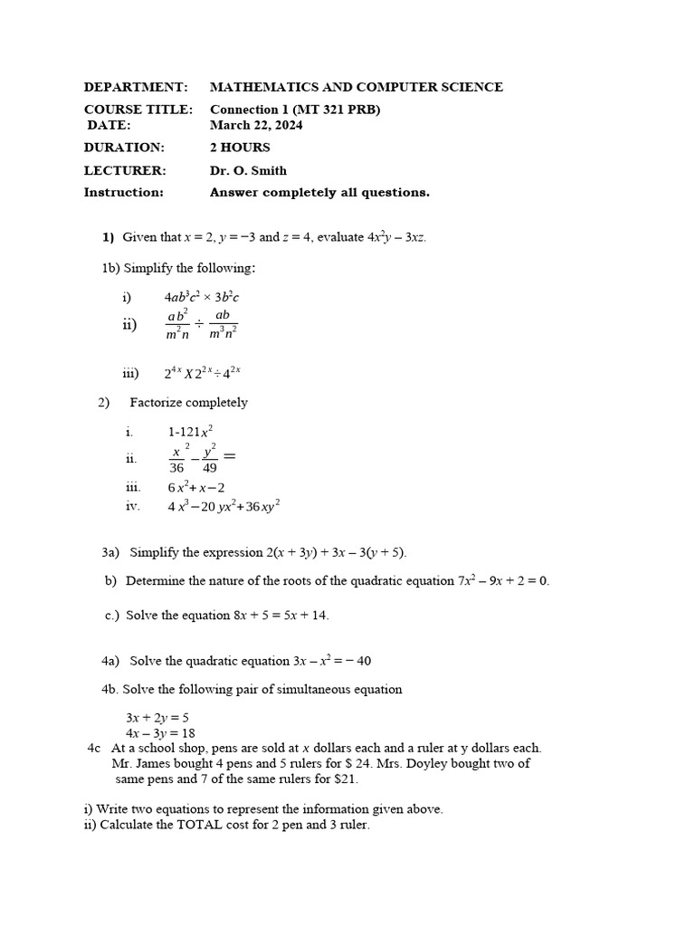 Mathematics Course Exam Questions | PDF
