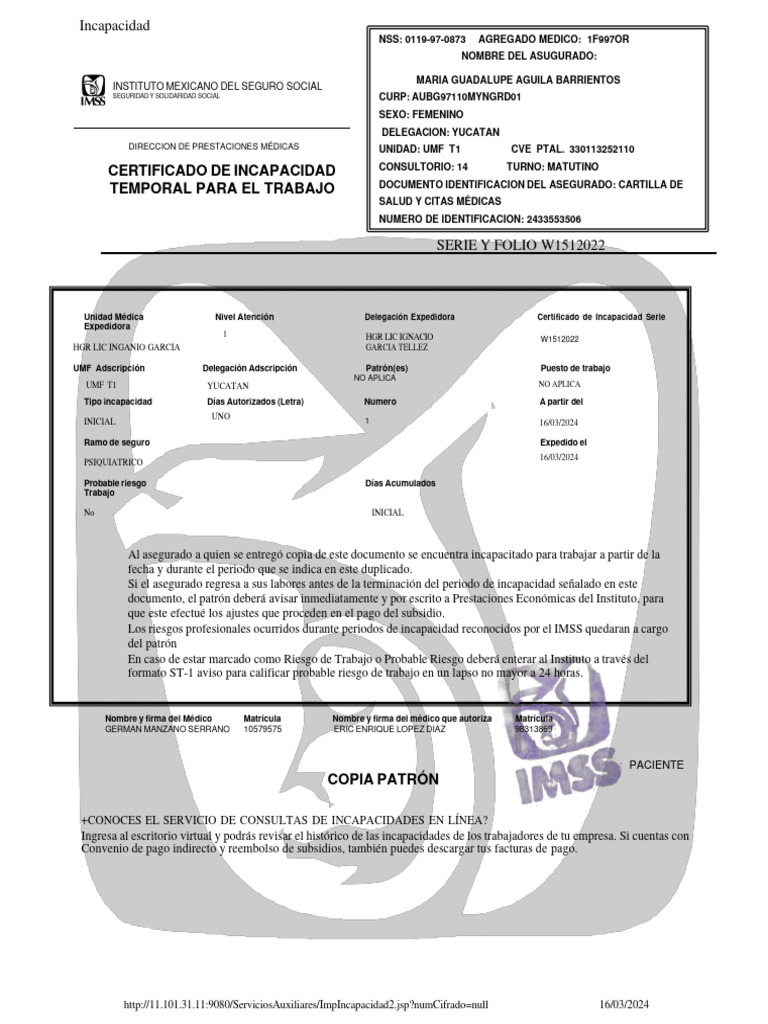 Certificado de Incapacidad Temporal IMSS | PDF