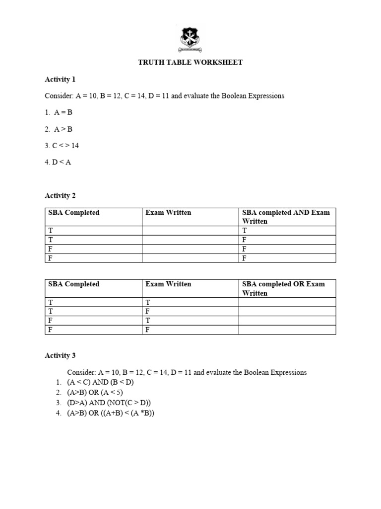 Truth Table Worksheet | PDF | Arithmetic | Computer Programming