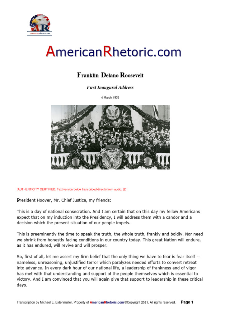 FDR's 1933 Inaugural Address Analysis | PDF | Social Science