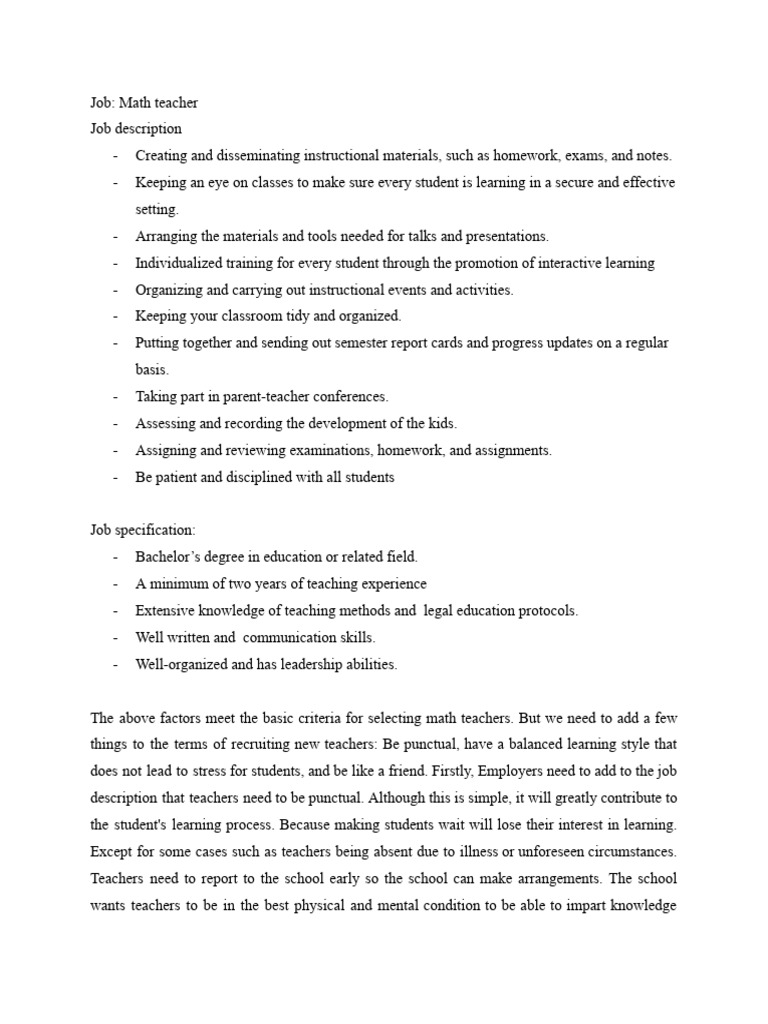 Math Teacher Job Description & Requirements | PDF | Teachers | Learning
