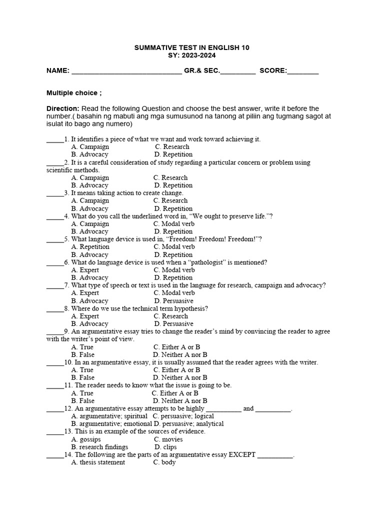 English 10 Summative Test Overview | PDF | Career & Growth