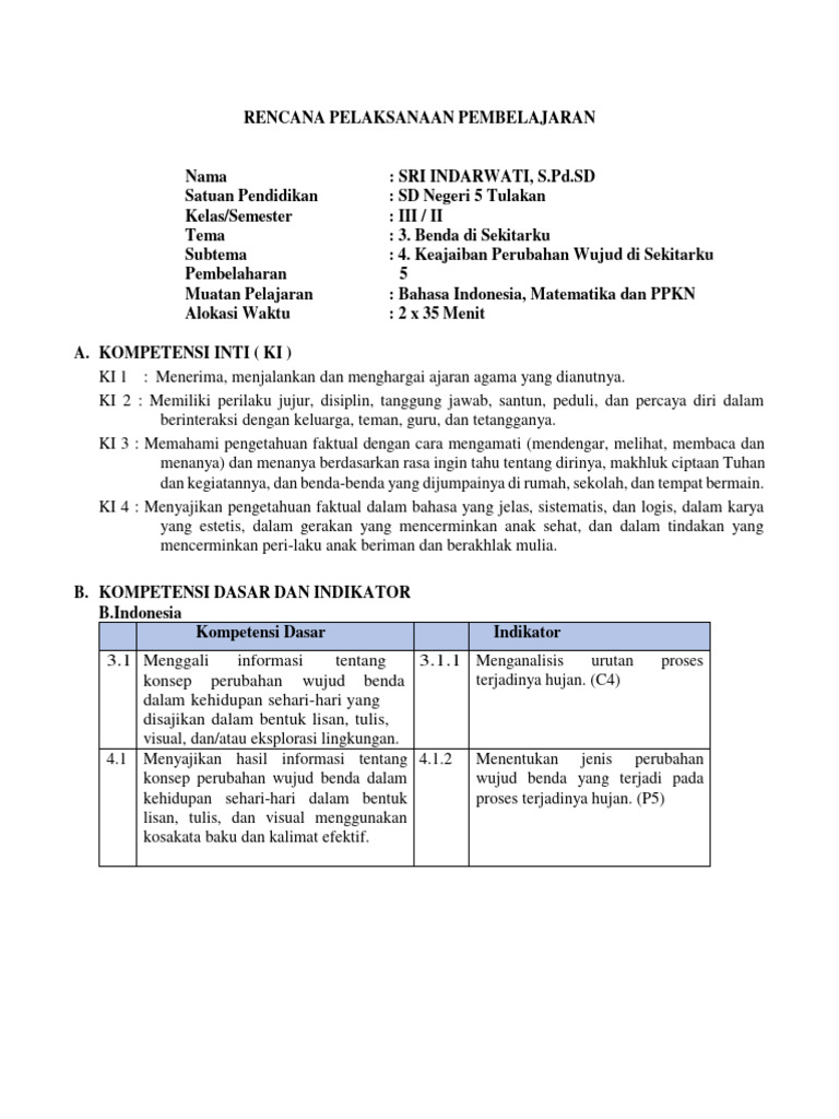 RPP UKIN Tema 3 Subtema 4 Kelas 3 - Sri Indarwati | PDF
