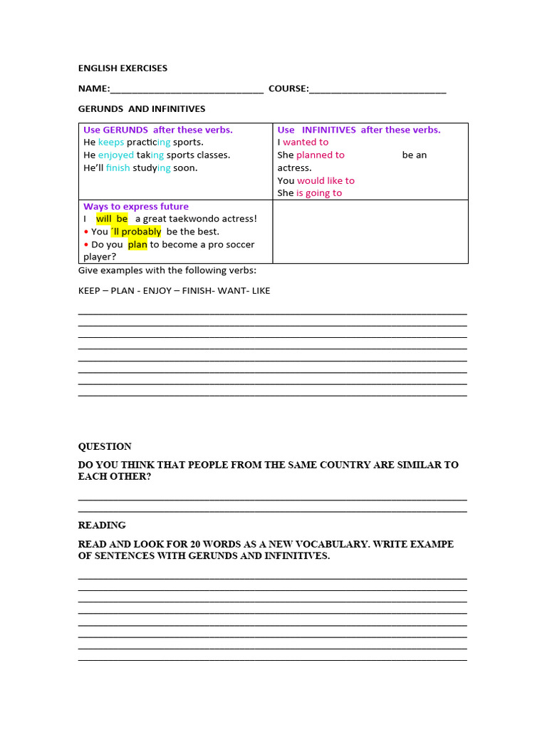 Gerunds and Infinitives English Exercises | PDF | Linguistic Morphology ...