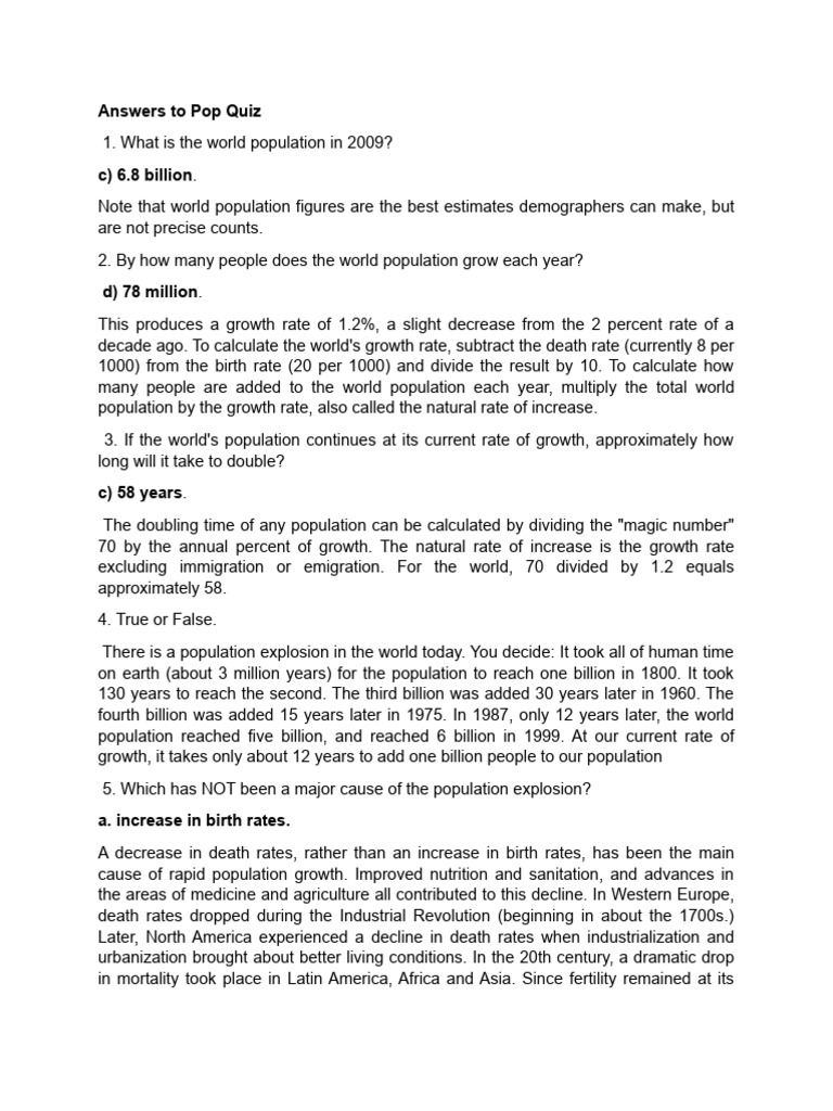 Pop Quiz Reviewer (Population) PDF Population Growth World Population