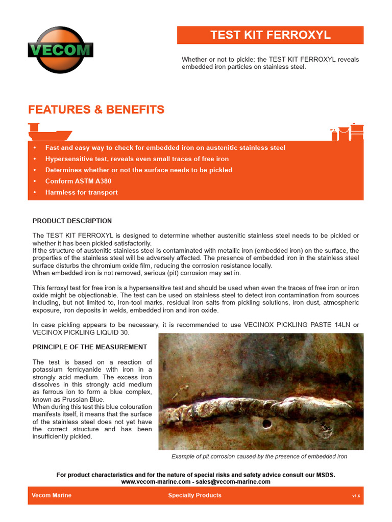Ferroxyl Test Kit for Stainless Steel | PDF | Iron | Stainless Steel
