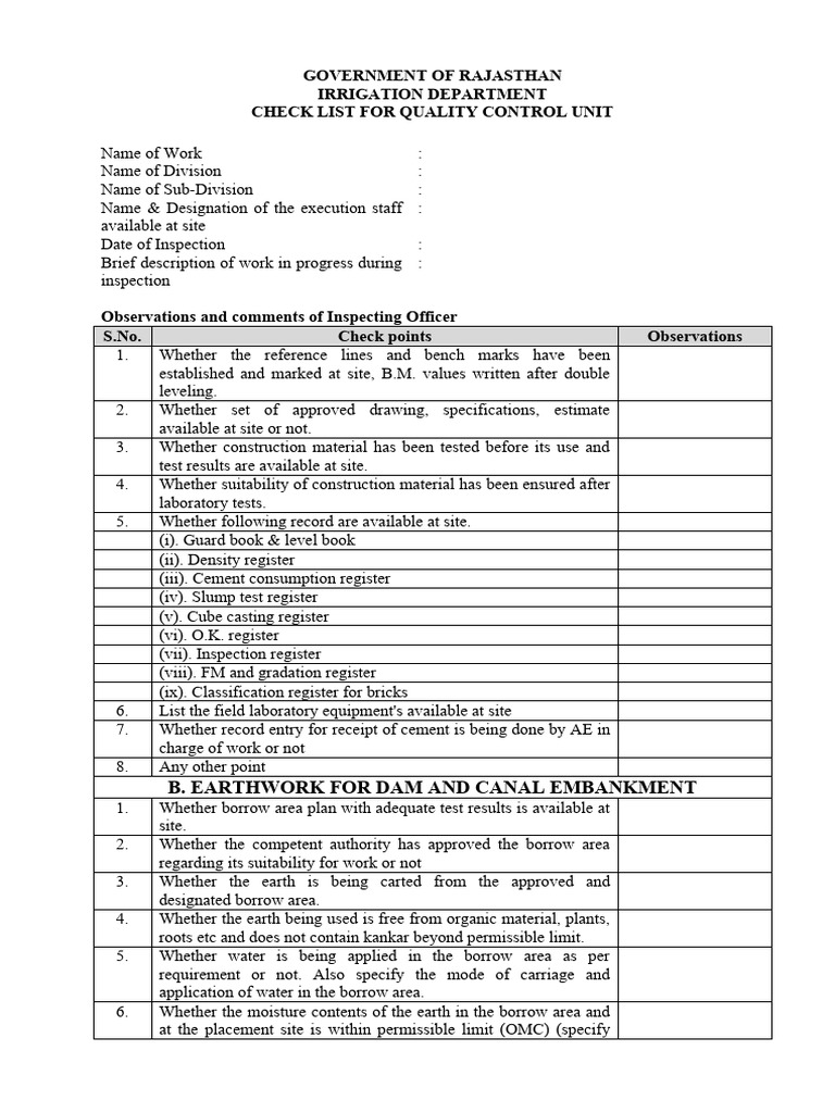 Check List For Qa & QC Unit | PDF | Concrete | Masonry