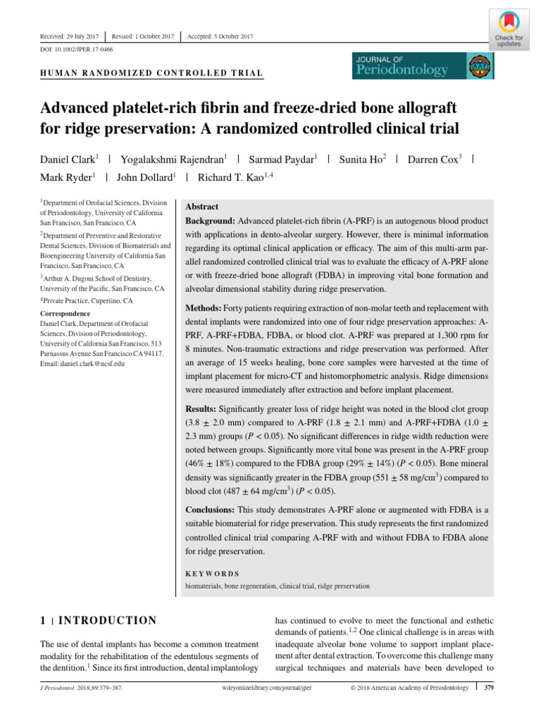 Advanced PRF & Freeze Dried Bone Allograft For Ridge Preservation PDF Dental Implant