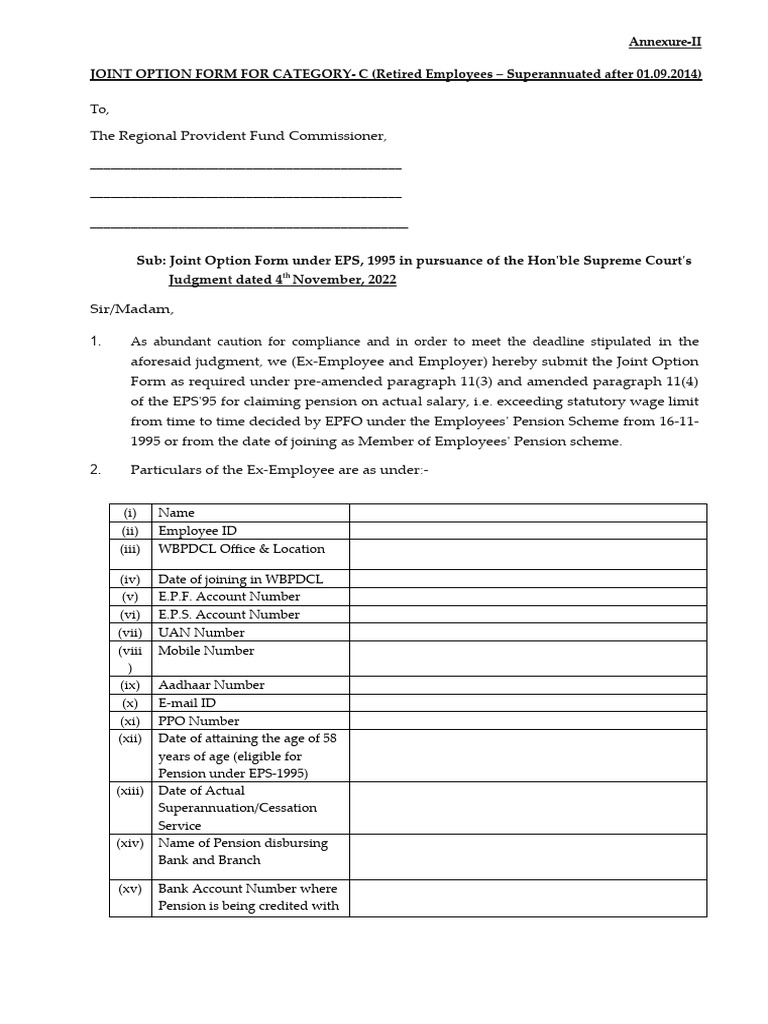 Joint option form for category c annexure ii pdf salary pension