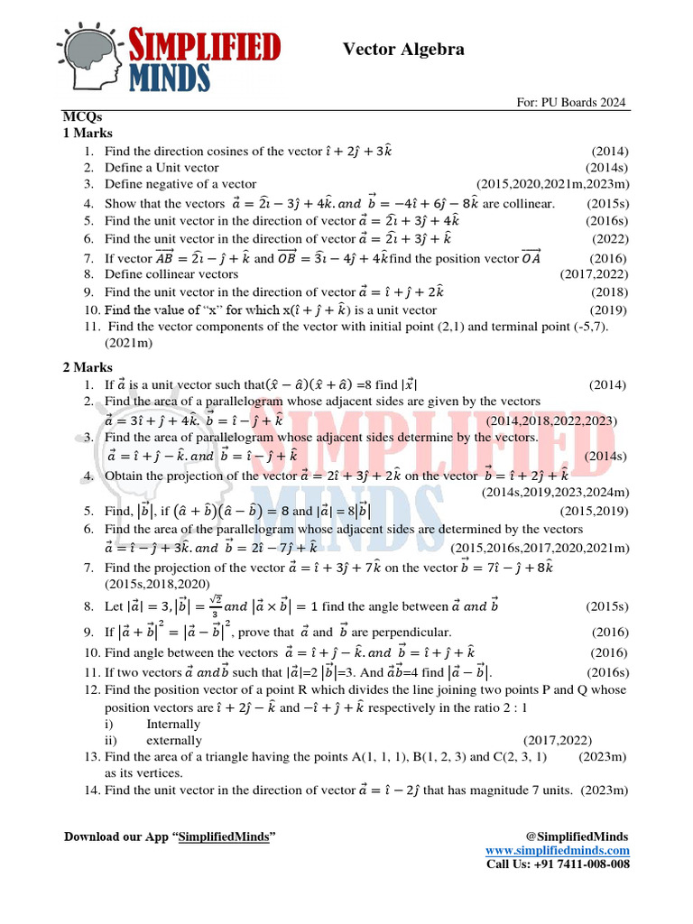 10.vector Algebra 2ndPUC PYQs | PDF | Euclidean Vector | Area