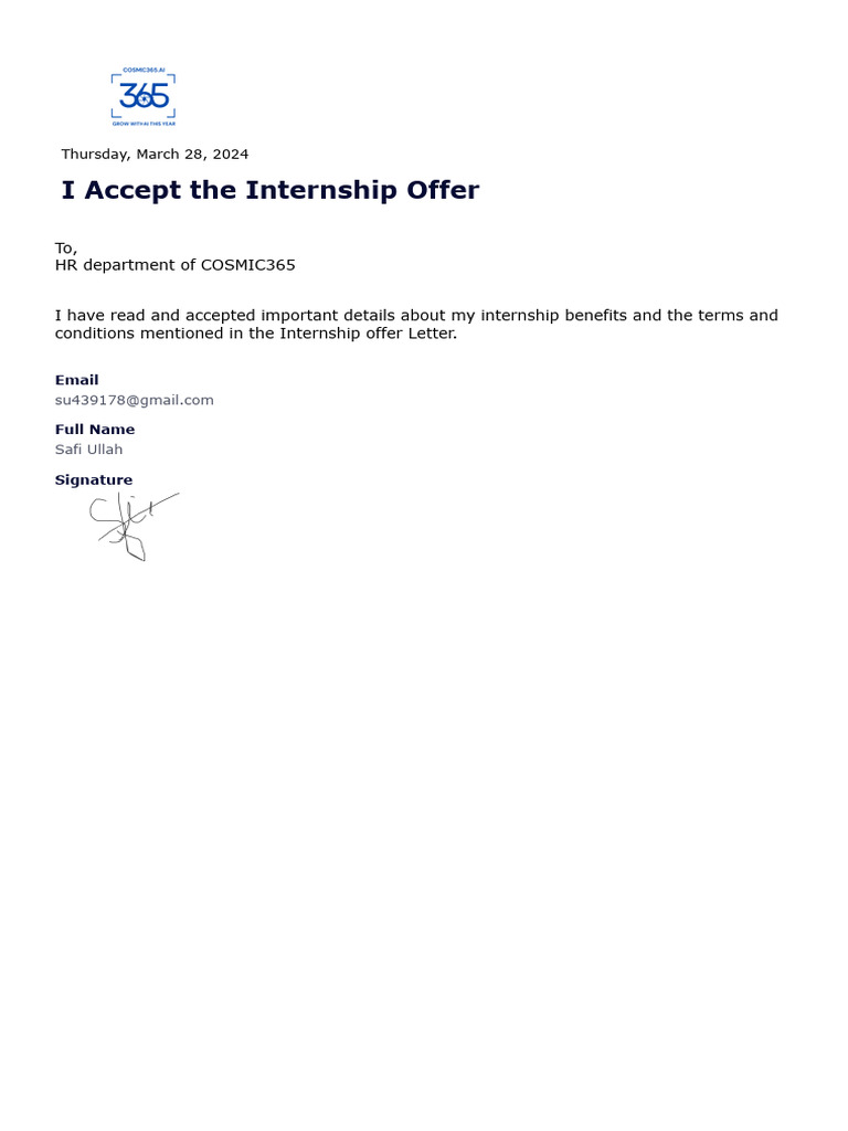 I Accept The Internship Offer | PDF | Career & Growth