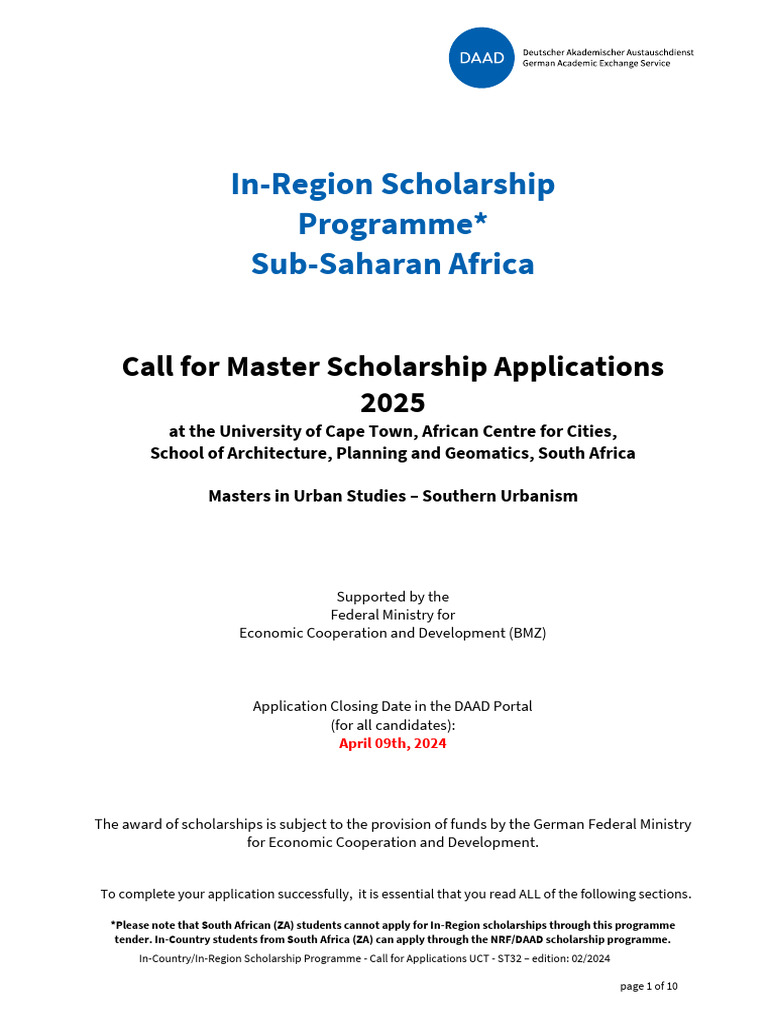 st32 Call For Scholarships Applications South Africa Uct Master PDF