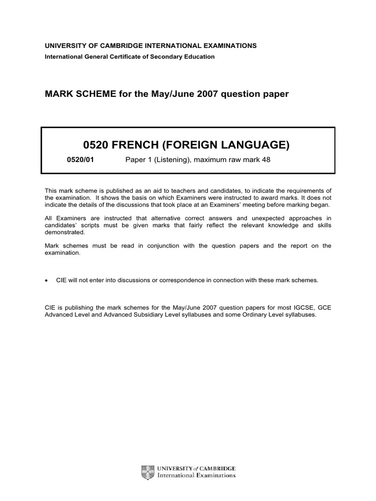 Cambridge igcse french june 2007 paper 1 mark scheme pdf