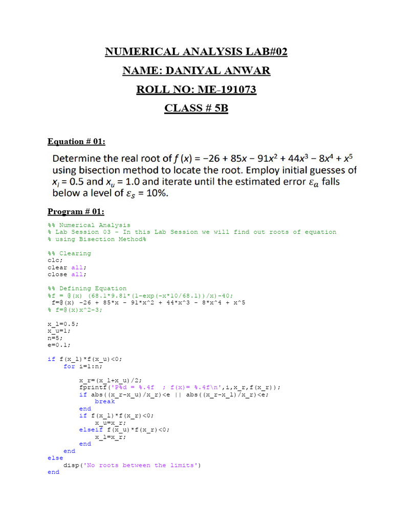 LAB #03-Root Finding Using Bisection | PDF