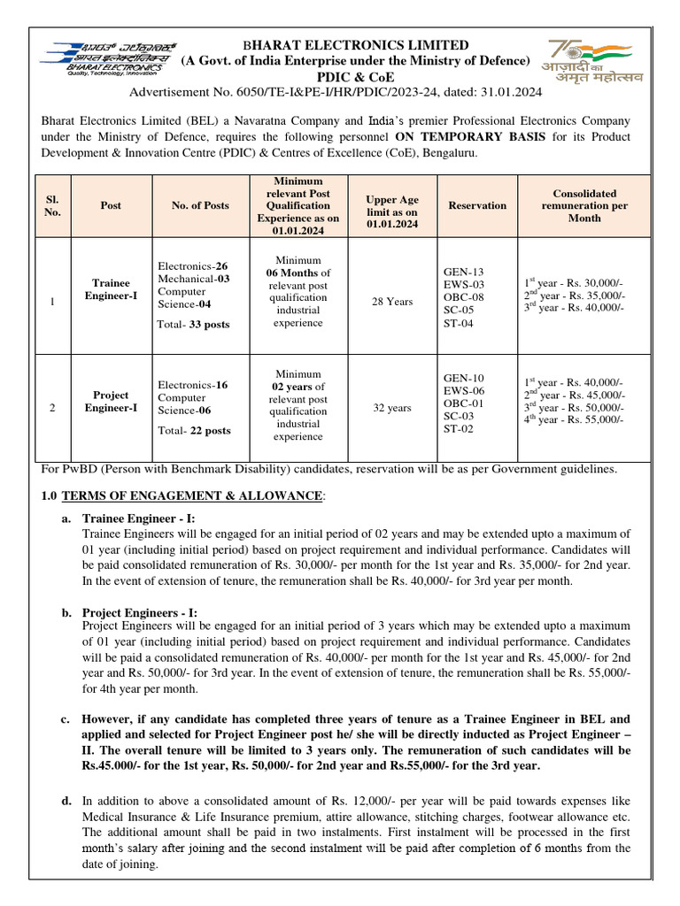 BEL Trainee Project Engineer Recruitment 2024 Notification Download