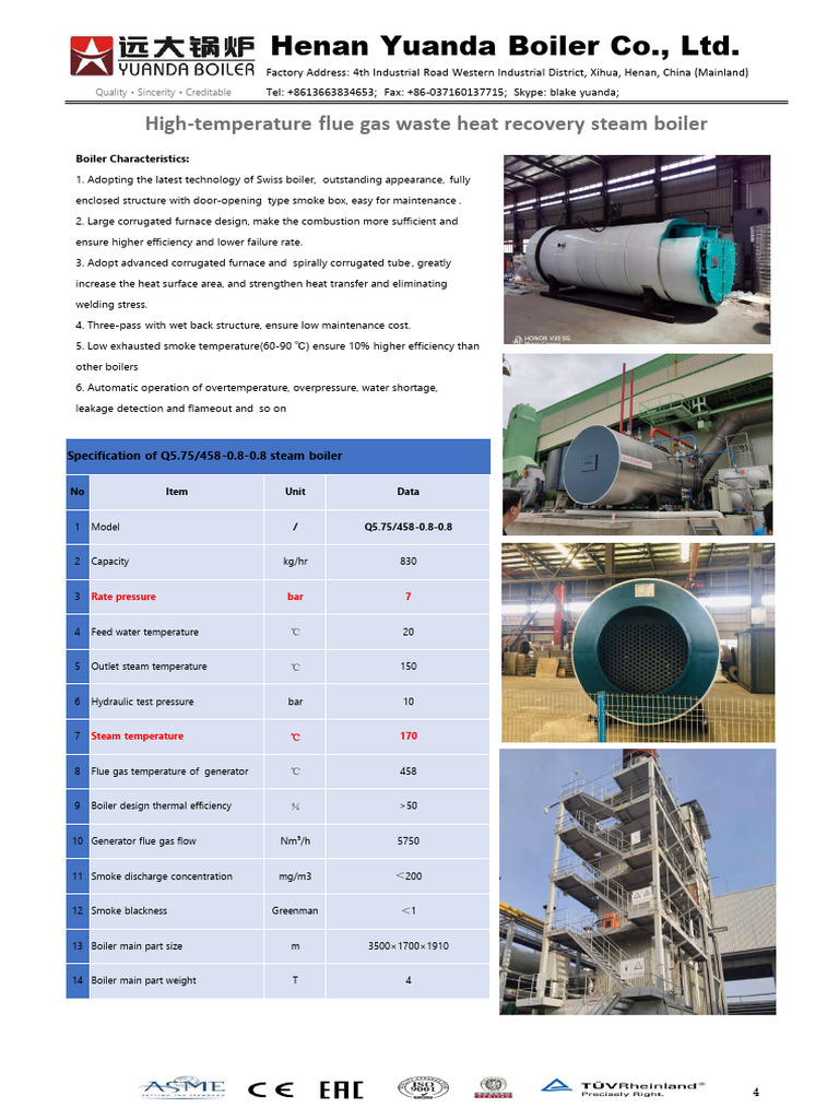High-Temp Waste Heat Steam Boiler Specs | PDF