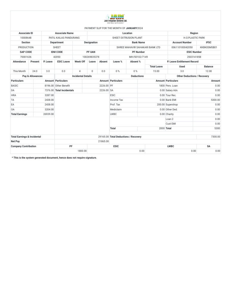 January 2024 Salary Slip Summary | PDF | Taxes | Government Finances