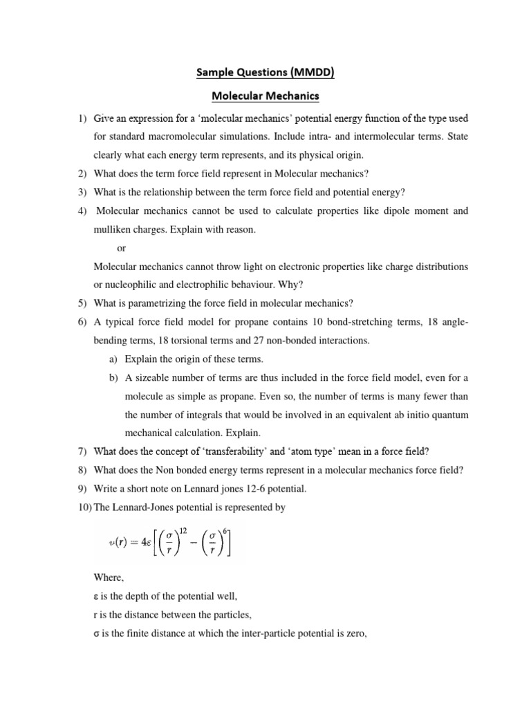 Sample Questions | PDF | Force Field (Chemistry) | Molecular Orbital
