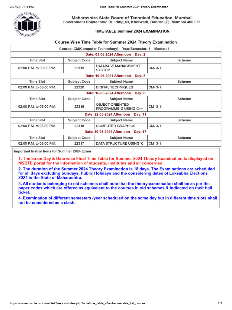 Summer 2024 Exam Timetable for CM Course | PDF | Academic Term ...