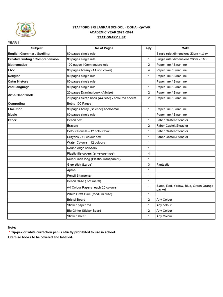 Stationary List For 2023 24 Year 1 Year 11 | PDF | Pencil | Books