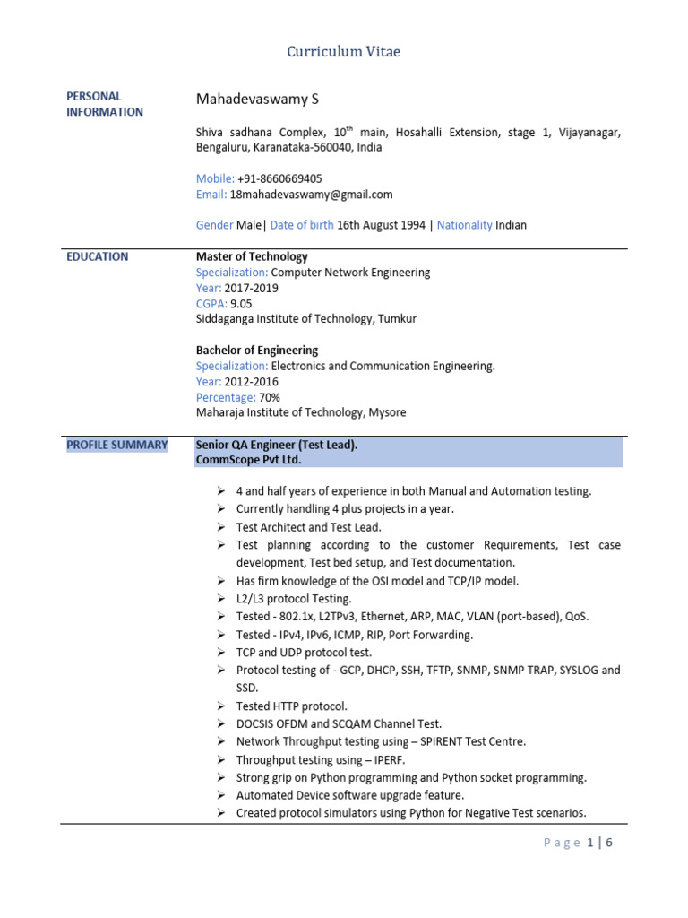 Mahadevaswamy CV 1 Download Free PDF Computer Network