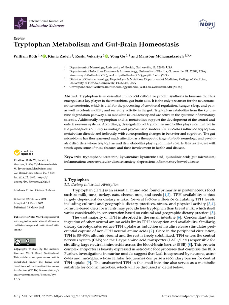 Tryptophan Metabolism and Gut-Brain Homeostasis | PDF | Serotonin ...