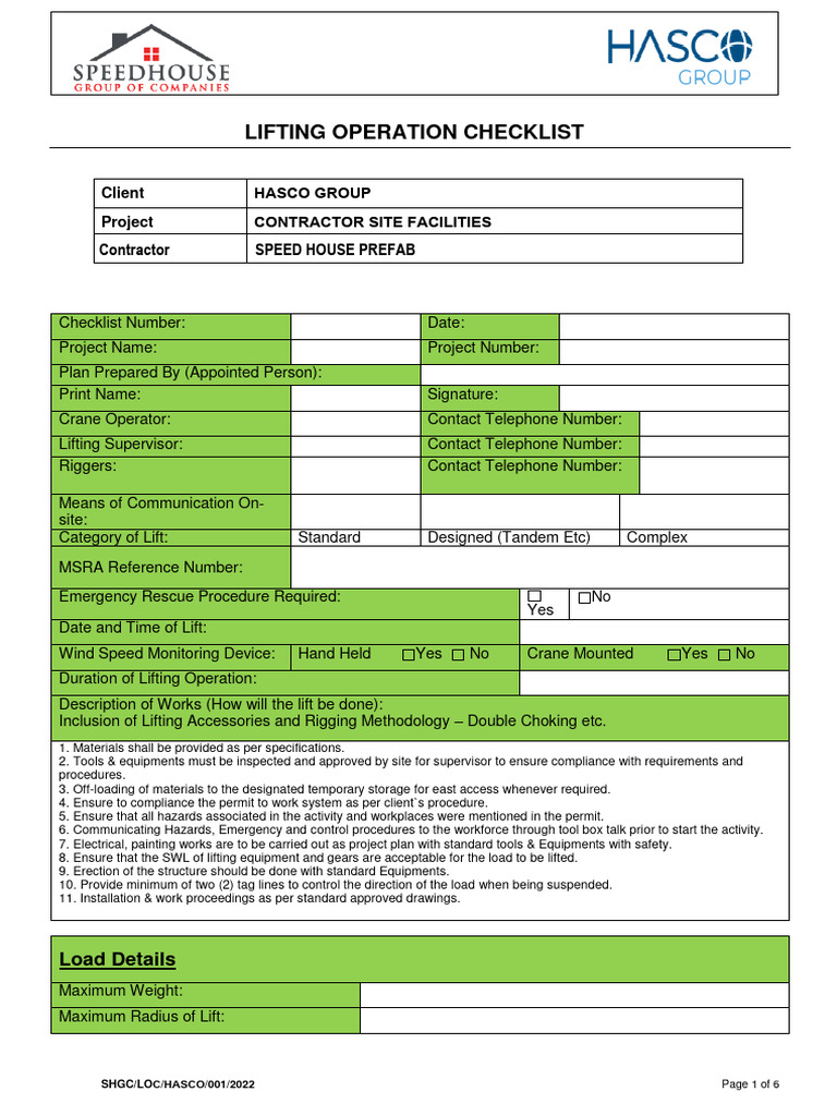 Lifting Operation Checlist HASCO | PDF | Crane (Machine) | Elevator