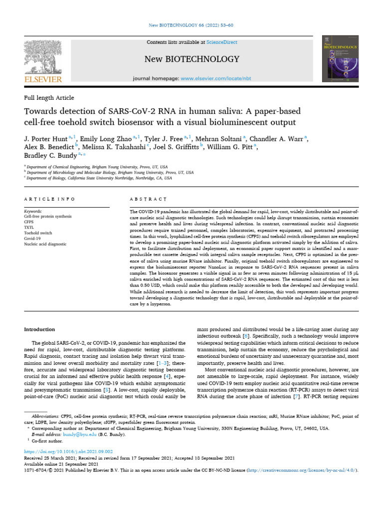 Towards Detection of SARS-CoV-2 RNA | PDF | Biosensor | Molecular Cloning