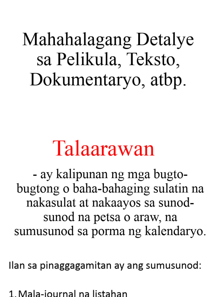 Mahahalagang Detalye Sa Pelikula, Teksto, Dokumentaryo Q2 W2 FIL | PDF