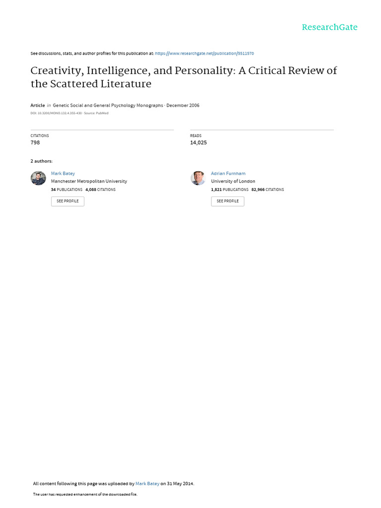 Creativity Intelligence and Personality Review The Scattered Literature ...