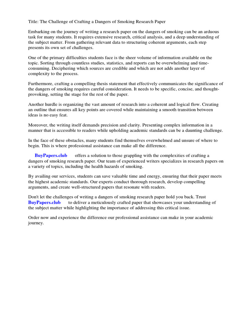 Dangers of Smoking Research Paper | PDF | Tobacco Smoking | Addiction