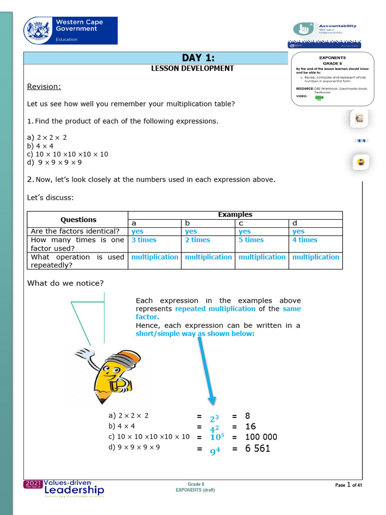 Grade 8 Exponents and Powers Guide | PDF | Exponentiation | Multiplication