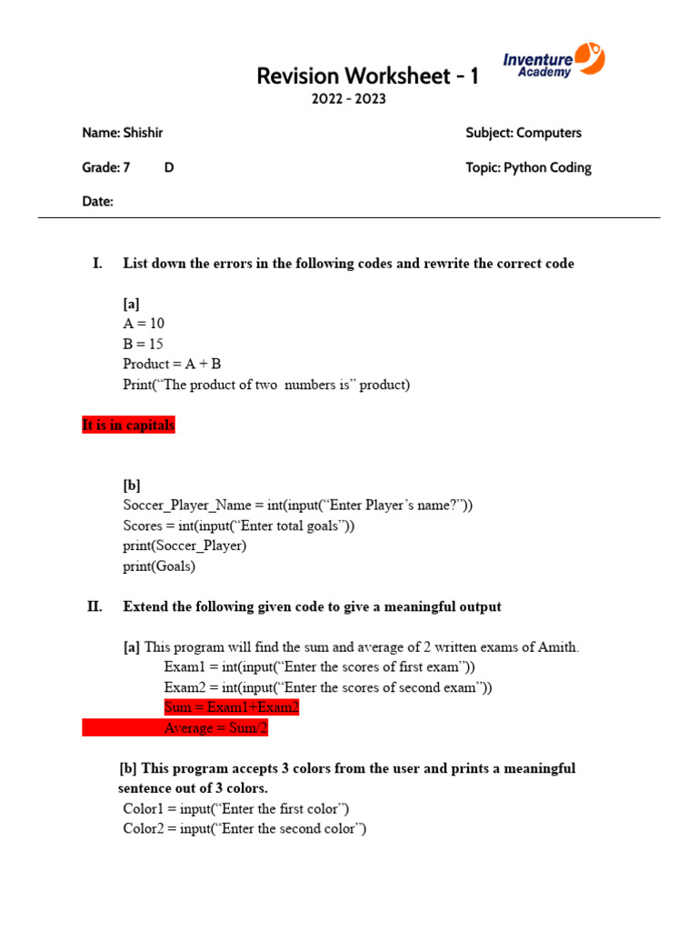Grade 7 - Revision Worksheet-1 On Python Coding | Download Free PDF ...