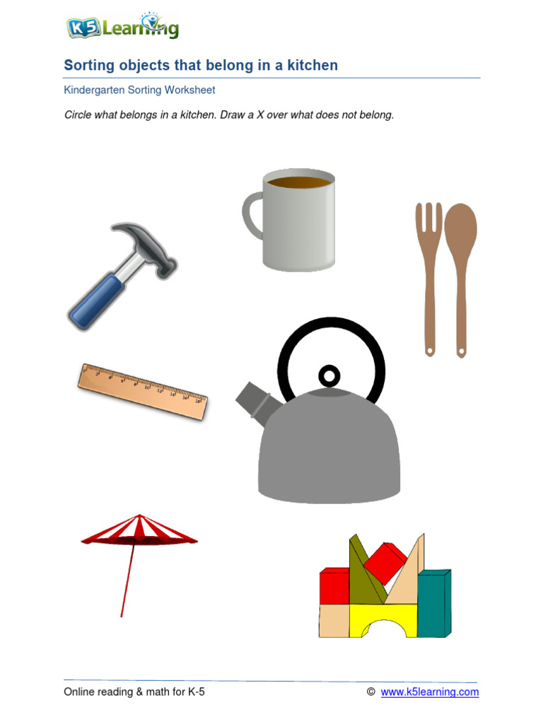 Kitchen Sorting Worksheet for Kindergarten | PDF