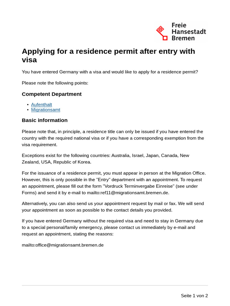Residence Permit Application in Bremen | PDF | Travel Visa ...