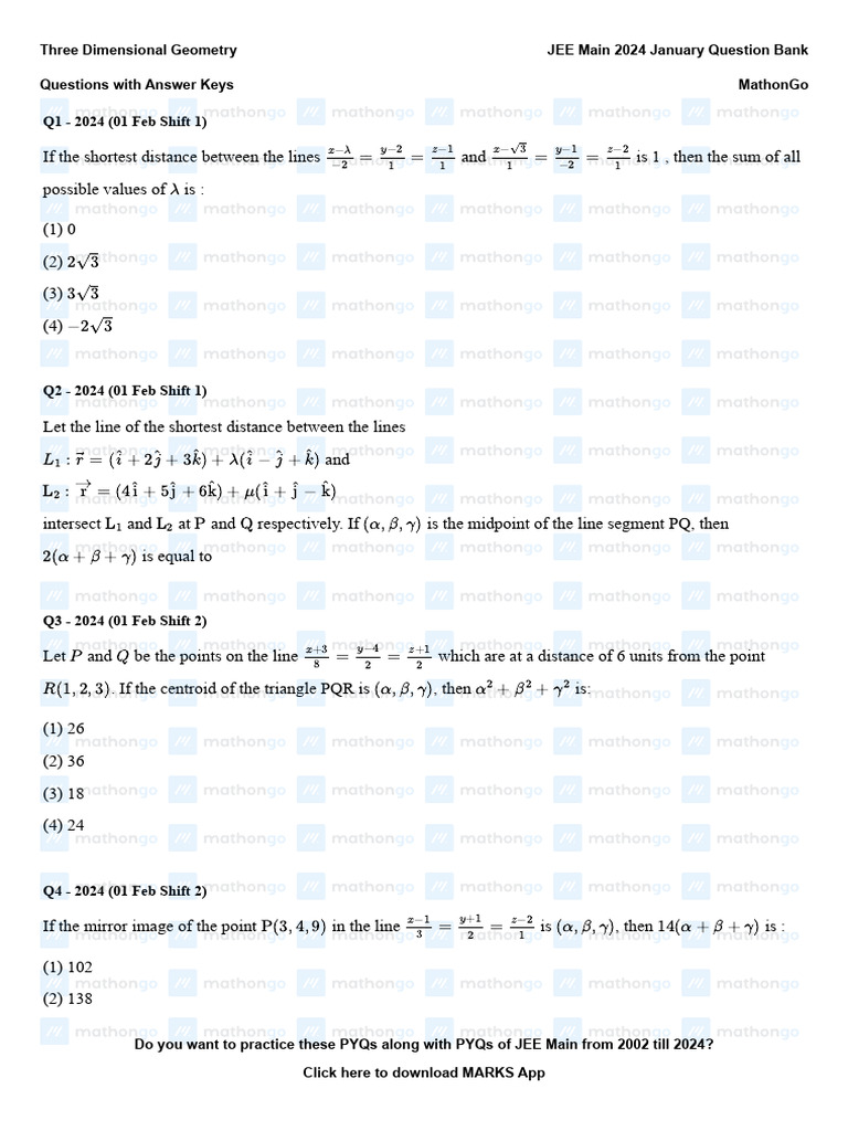 JEE Main 2024: 3D Geometry Q&A | PDF | Triangle | Angle